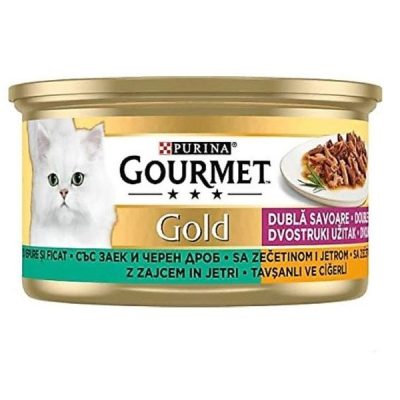کنسرو گربه گورمت مدل خورشتی (چانک) طعم خرگوش و جگر وزن 85 گرم